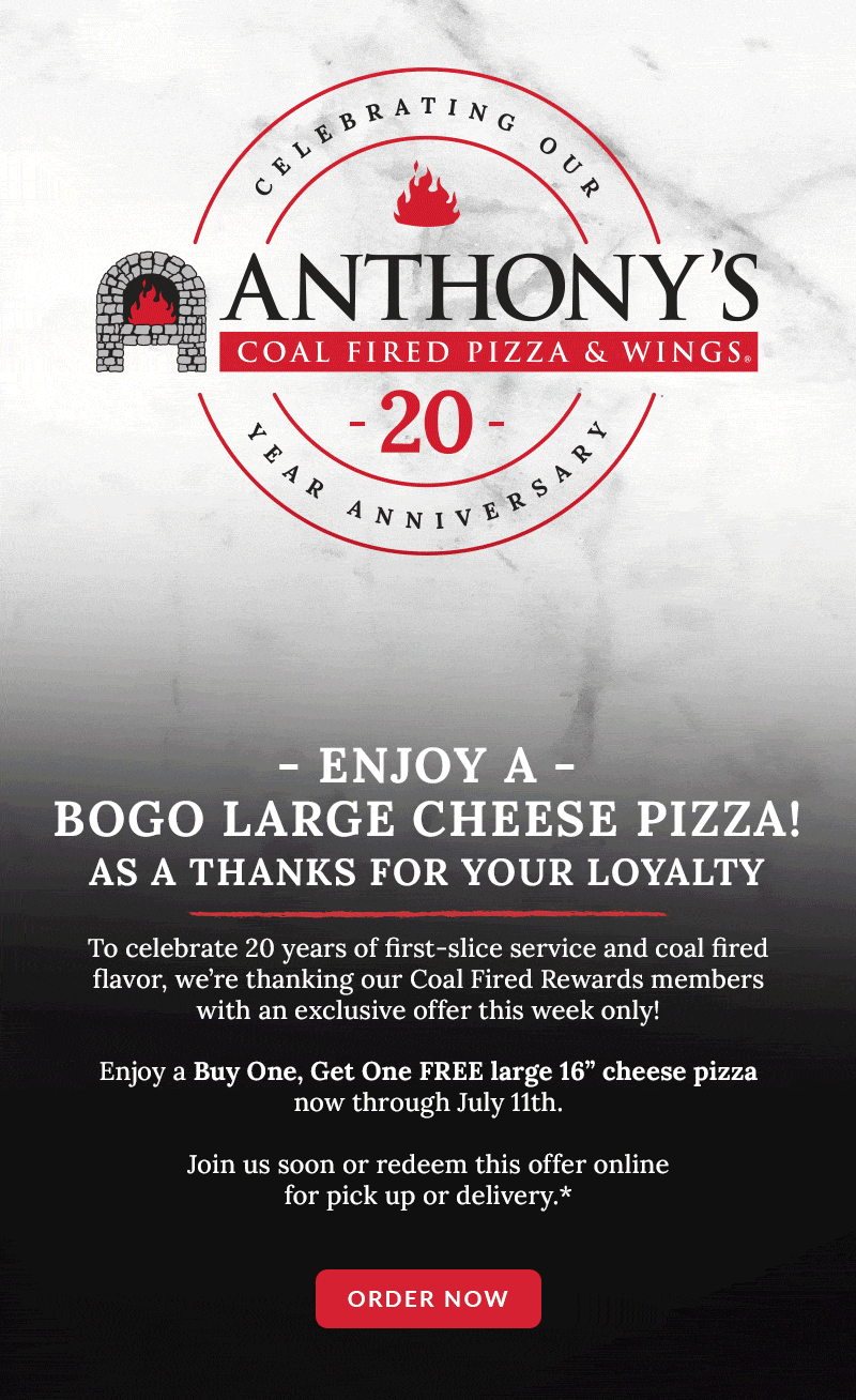 Exclusive offer! Buy one large cheese pizza, get one free! Anthony's